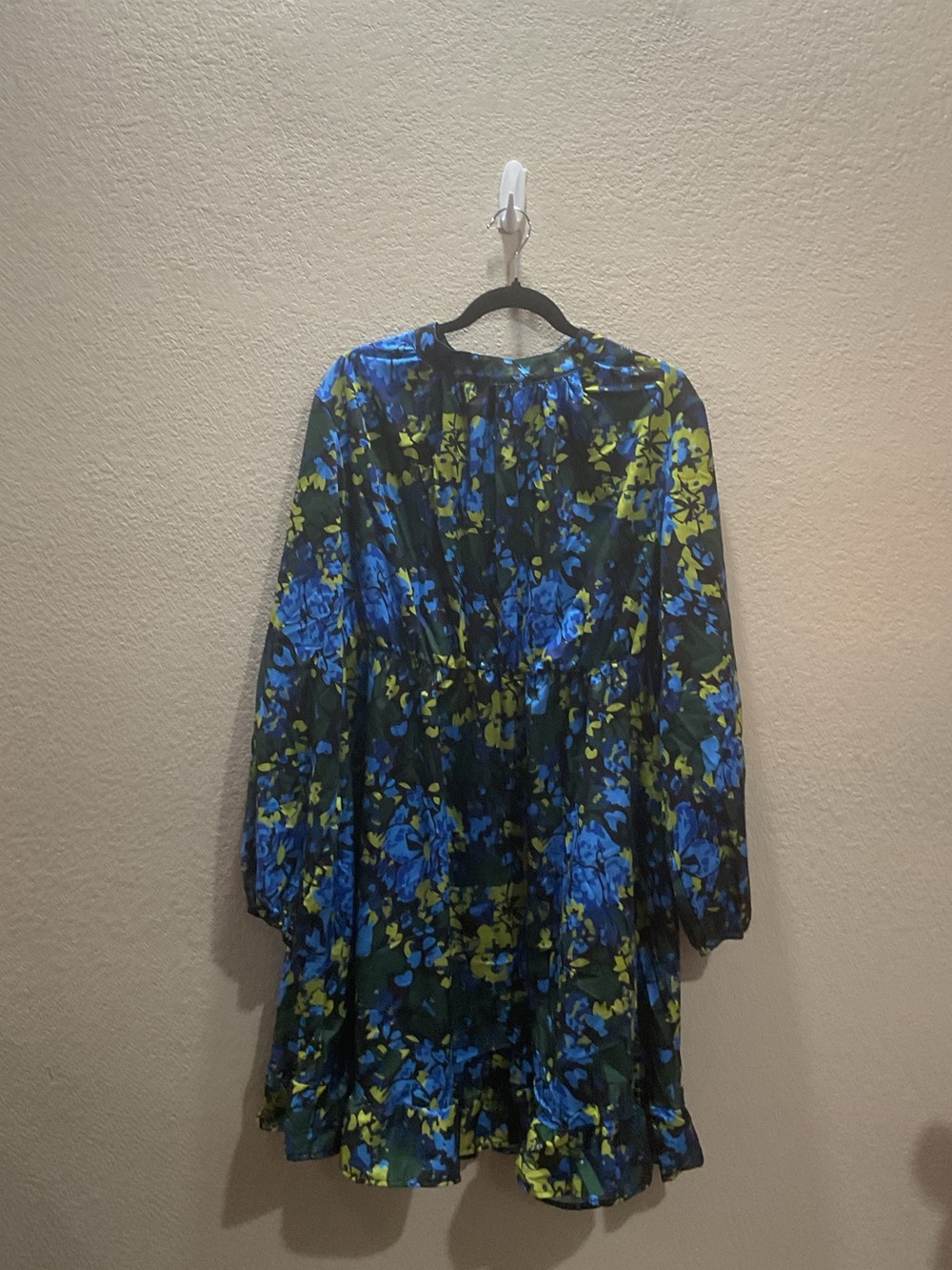 SHEIN Blue & Green Floral Long Sleeve Mini Dress with Ruffle Hem